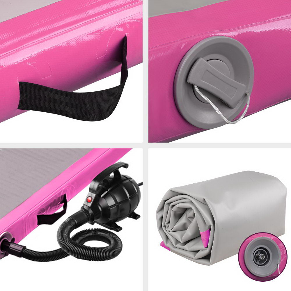 Everfit GoFun 3X1M Inflatable Air Track Mat in pink and grey, showcasing its durable fabric and built-in valve for easy inflation.